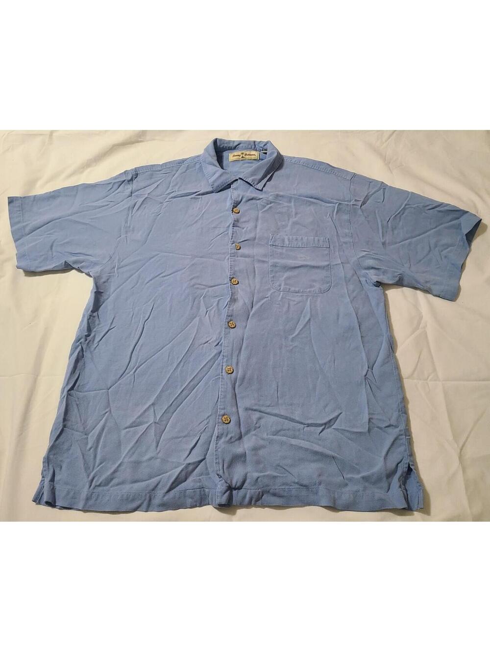Tommy Bahama 100% Silk SS Button Down Shirt Mens Size Large Blue Relaxed Summer